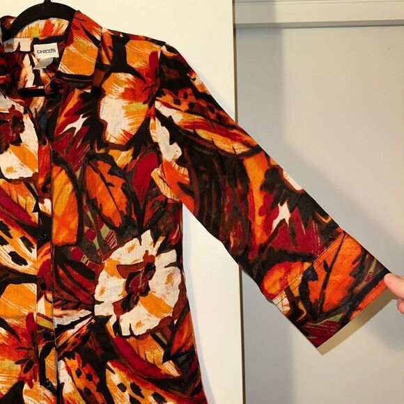 Chicos Linen Red Orange Black Tropical Floral Button Down Size 0 (Small) BUTTON - Picture 3 of 13